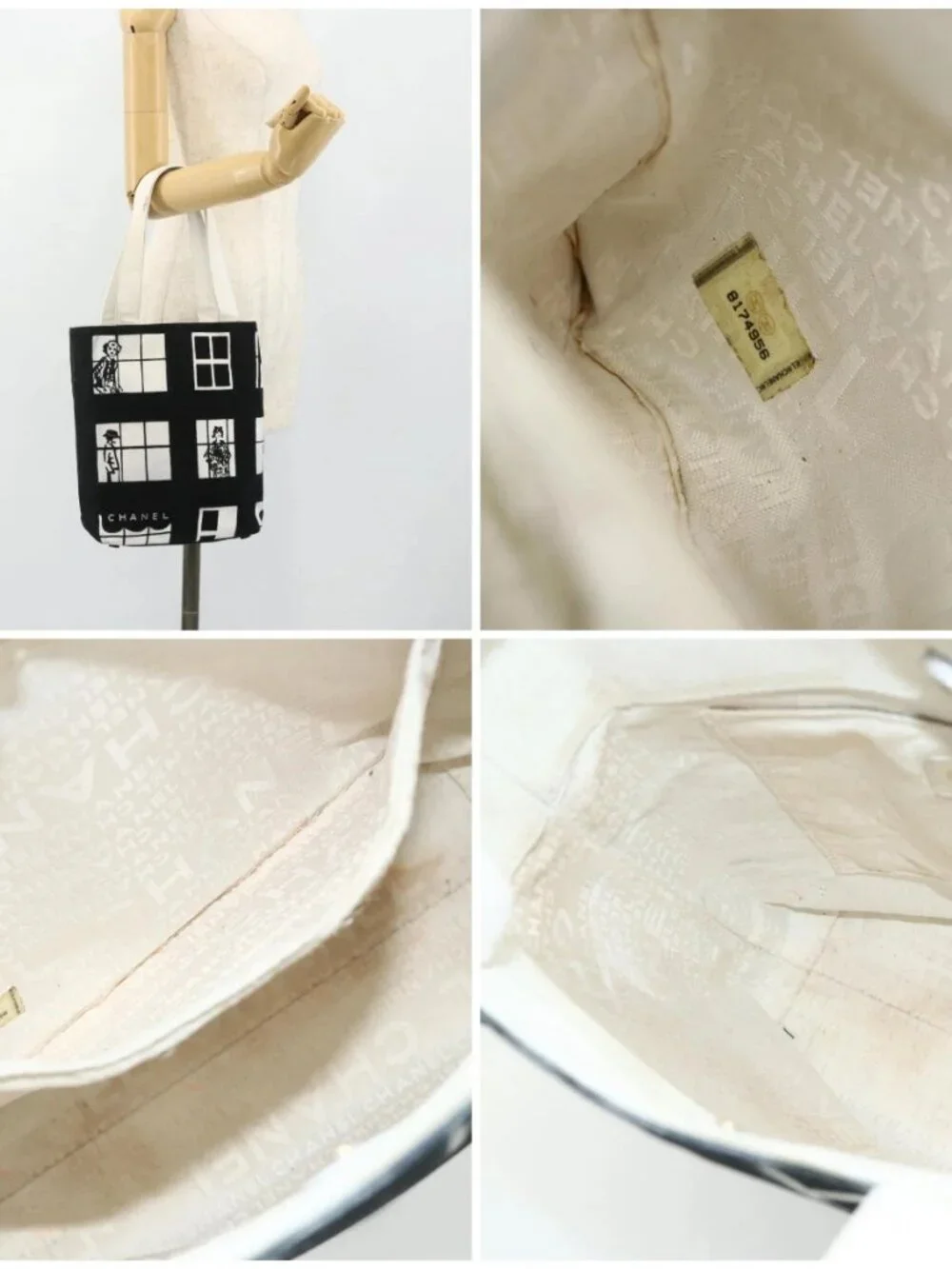 CHANEL Windows Line Tote Bag Canvas Black Gold CC Auth BA12234